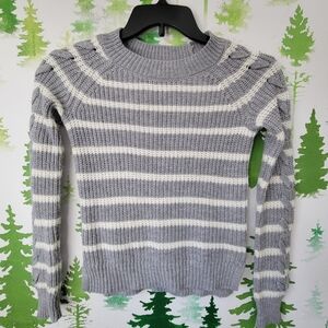 Gray and White Striped Long Braided Sleeve Sweater.